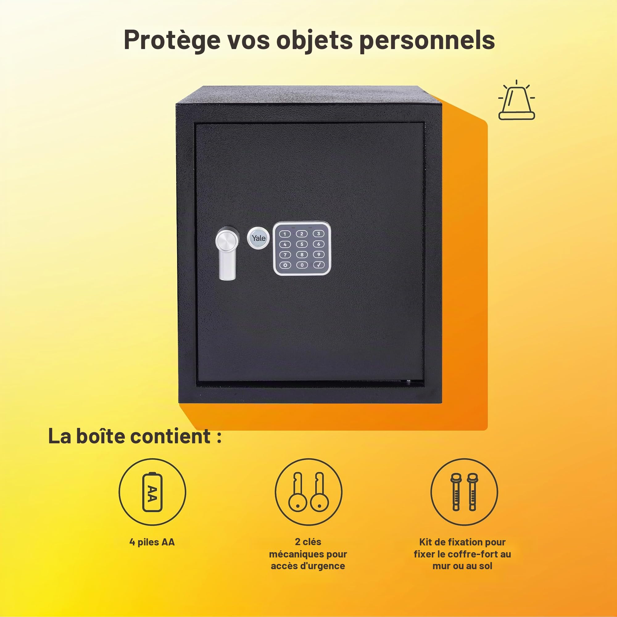 Yale Coffre-Fort Électronique à Alarme - Large 40L - Sirène 130 DB - Serrure 100 000 Combinaisons, verrou électronique Code 3 à 8 Chiffres - Dimensions 39x35x36cm YEC/390/DB2