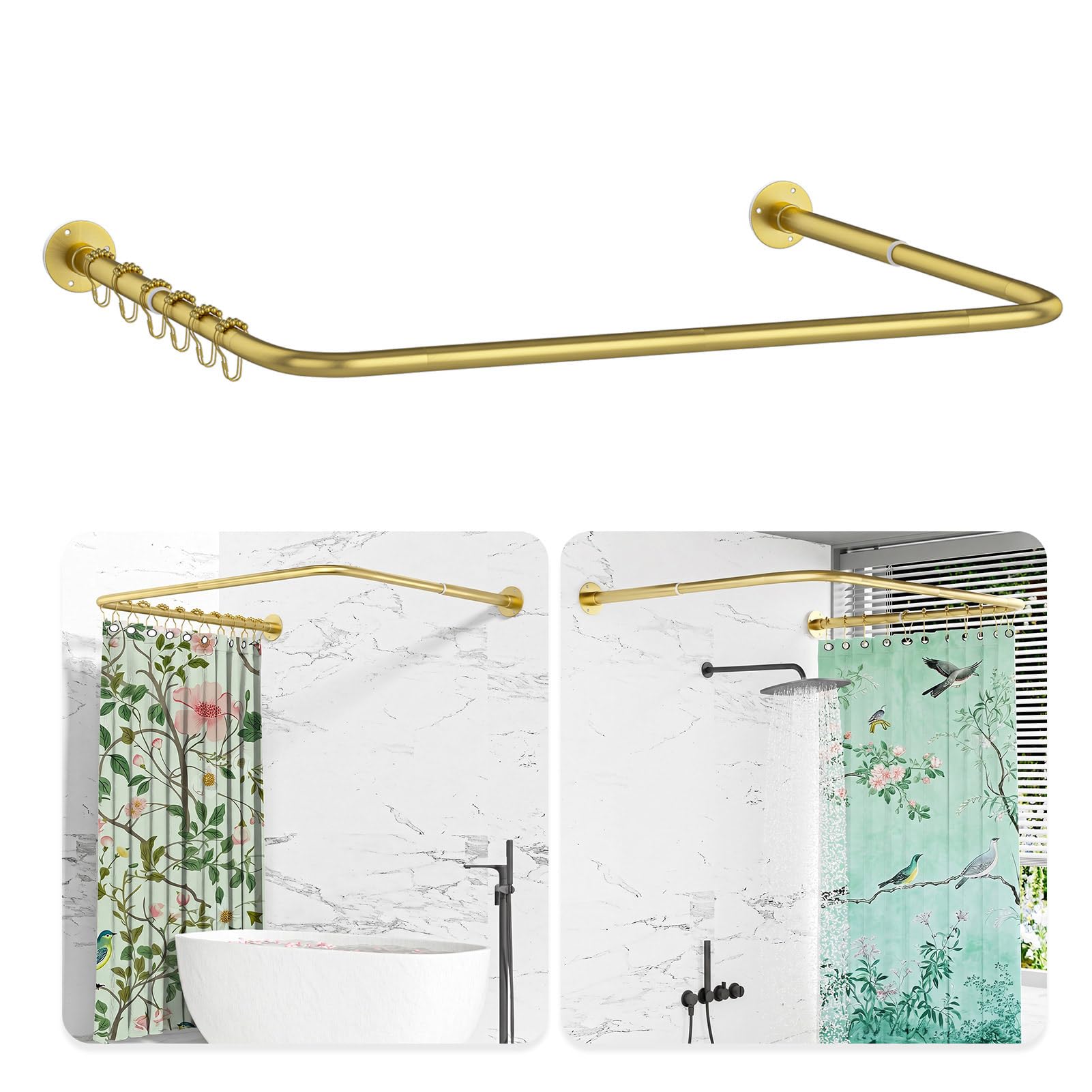 L Shaped/U Shaped Shower Curtain Rail, [60-92]X[78-198]X[60-92]cm Adjustable Shower Curtain Pole, Wall Mounted Curved Shower Rail With 12 Rings & Ceiling Support, Need Drilling, Gold