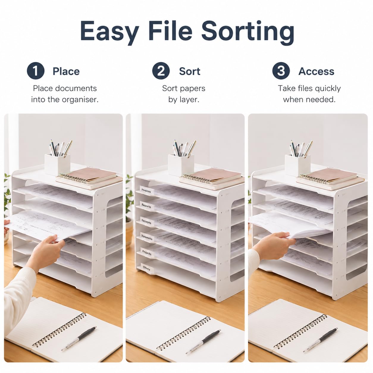 A3-Papierablage, 7 Fächer, weiß, Schreibtisch-Organizer