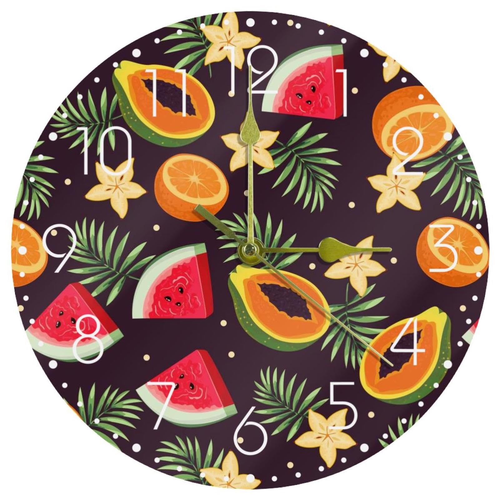 Horloge murale ronde silencieuse à fruits foncés pour décorer le salon et le bureau