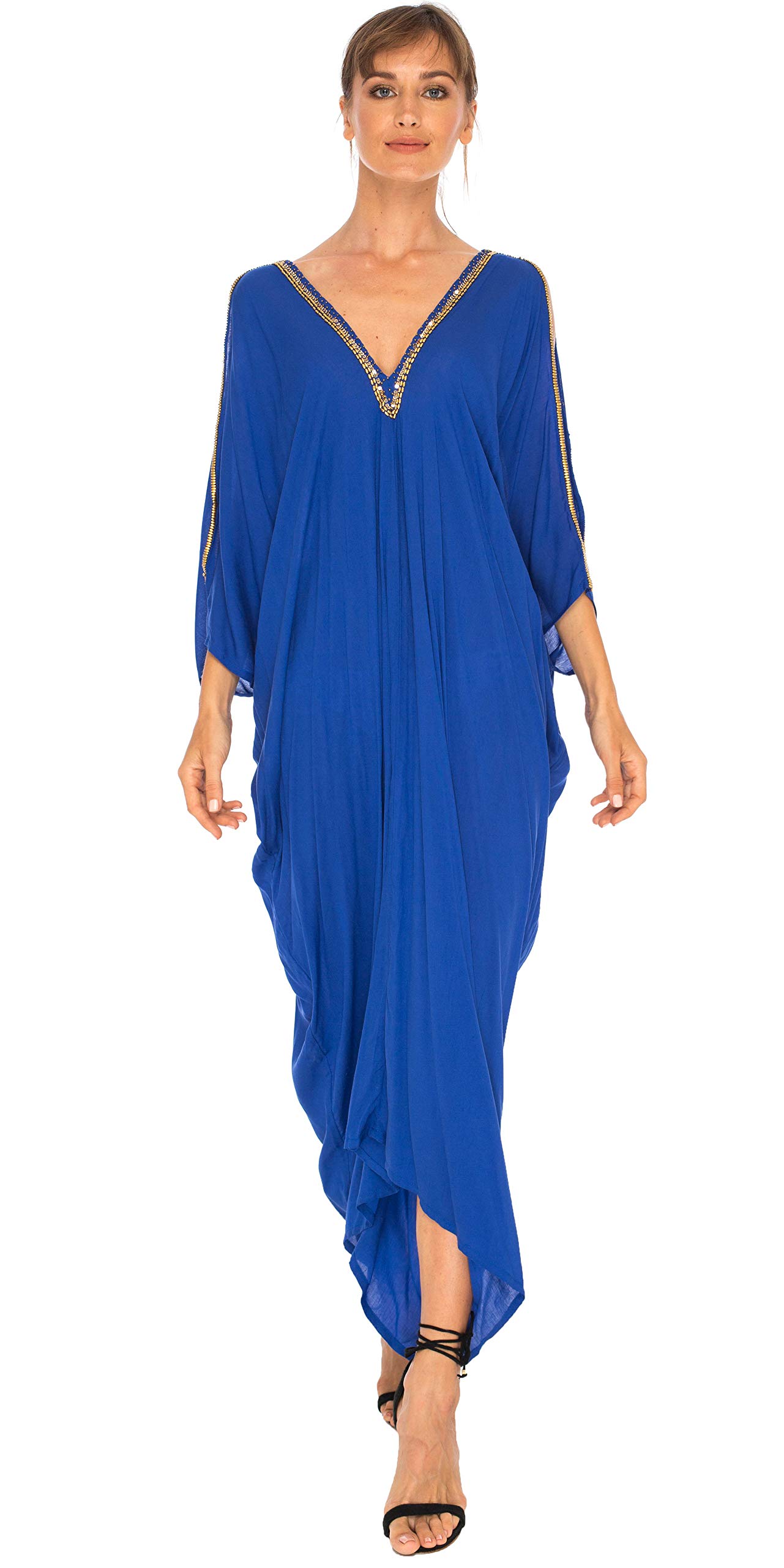 SHU-SHI - Maxi Abito/Caffetano da Spiaggia - Scollo a V e Maniche con Aperture Laterali - Dettagli Dorati - Donna
