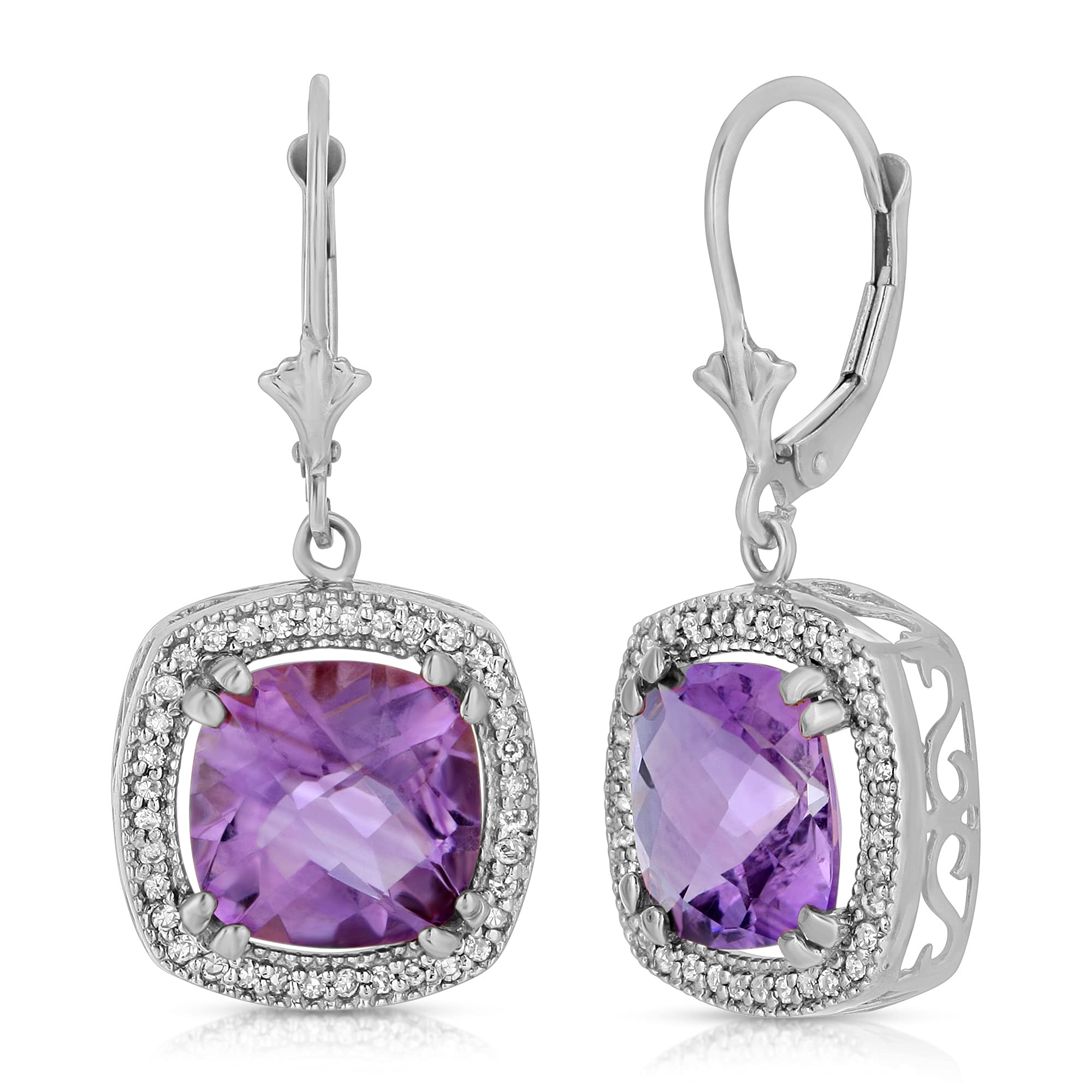 14K Solid Gold Lever Back Earrings with Natural Diamonds and Checkerboard Cut Natural Purple Amethyst Grade AAA