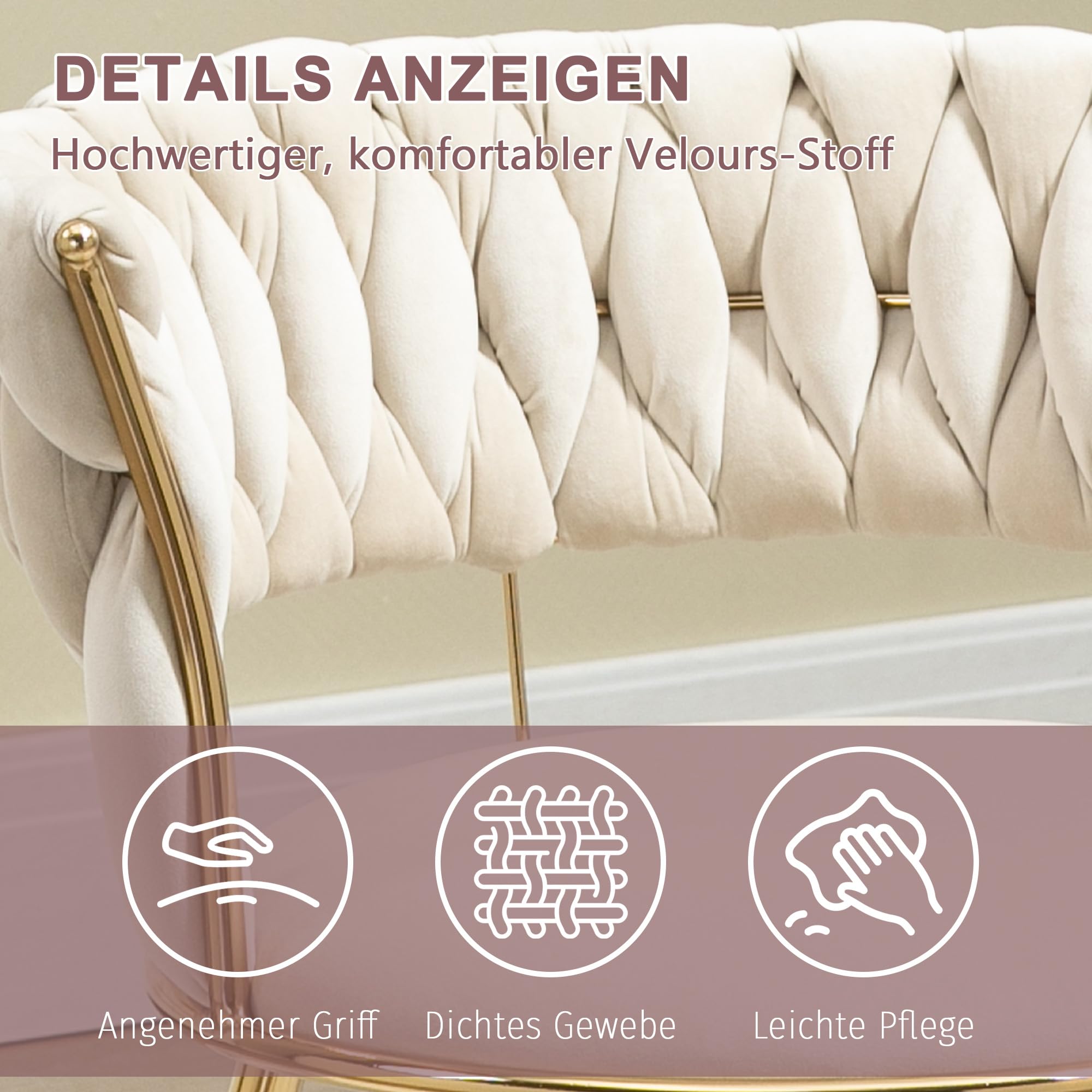 Samt Stuhl, Schalenstuhl mit Armlehne, Esszimmerstühle, Sessel Modern mit Goldenen Metallbeinen und Weichen Kissen für Esszimmer, Wohnzimmer und Schlafzimmer (2er-Set, Beige-2)