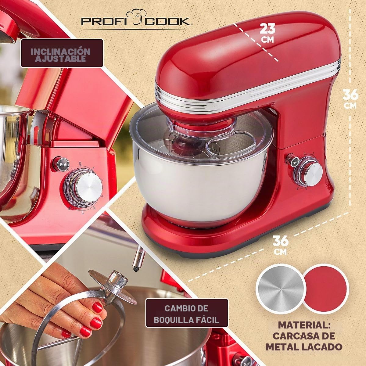 ProfiCook® Robot de cocina para hornear, amasadora de 5 L con potente motor de 1200 W, máquina de masa, incluye gancho y batidor, máquina de amasar retro, protección contra salpicaduras con apertura