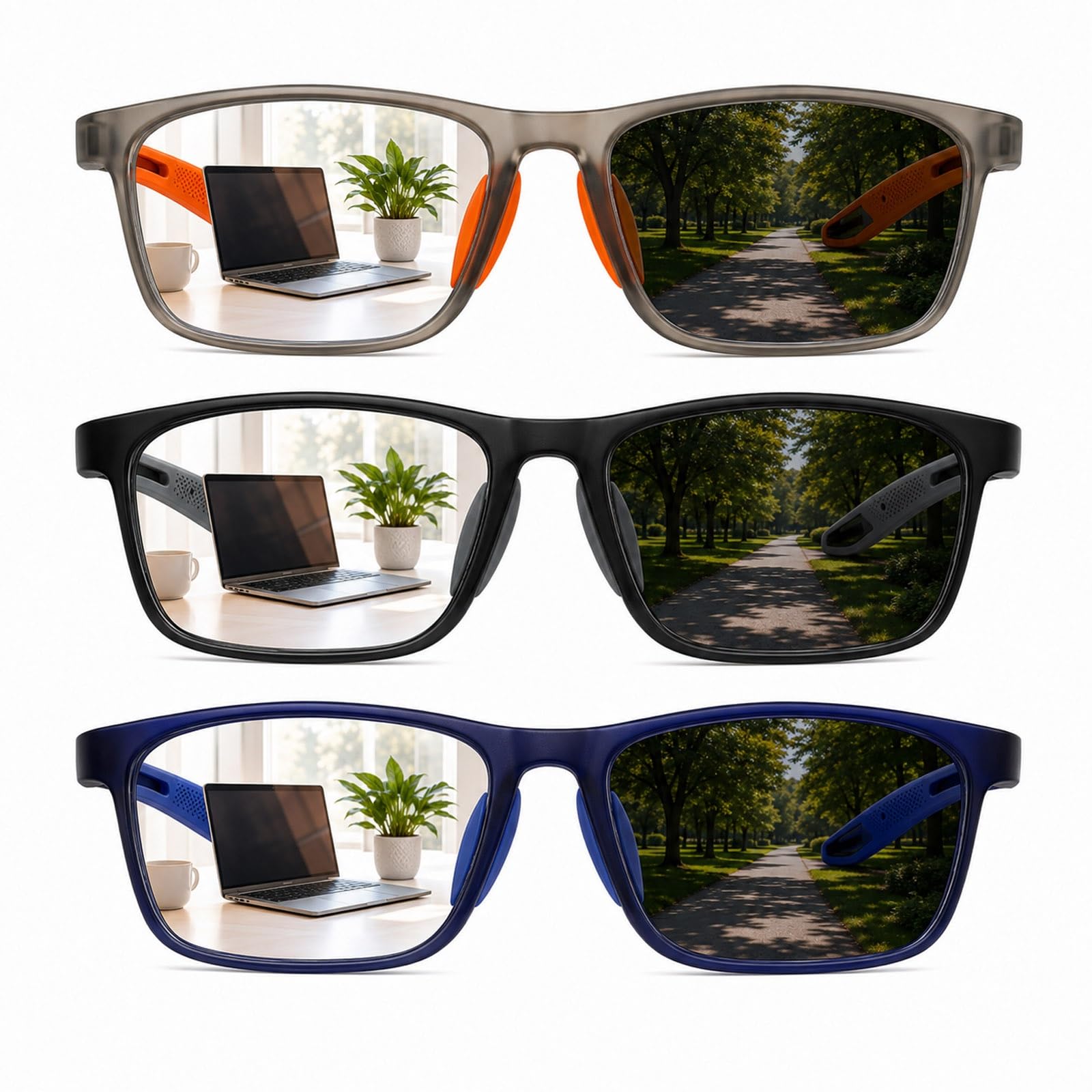 Genérico Pack 3 Gafas de Lectura Progresivas para Hombre Mujer, Fotocromáticas Multifocales Anti Luz Azul, Montura TR90 Ligera con Estuche para Ordenador