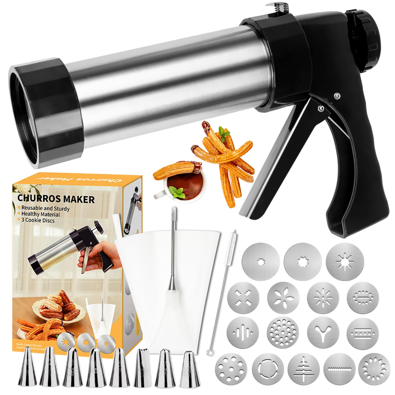 Pressa per Biscotti, Pistola per Dolci in Acciaio Inox Spara Biscotti Professionali con 16 Sagome, 8 Beccucci, Sacchetto in TPU e Spazzola per la Pulizia Pressa per Biscotti per Torte