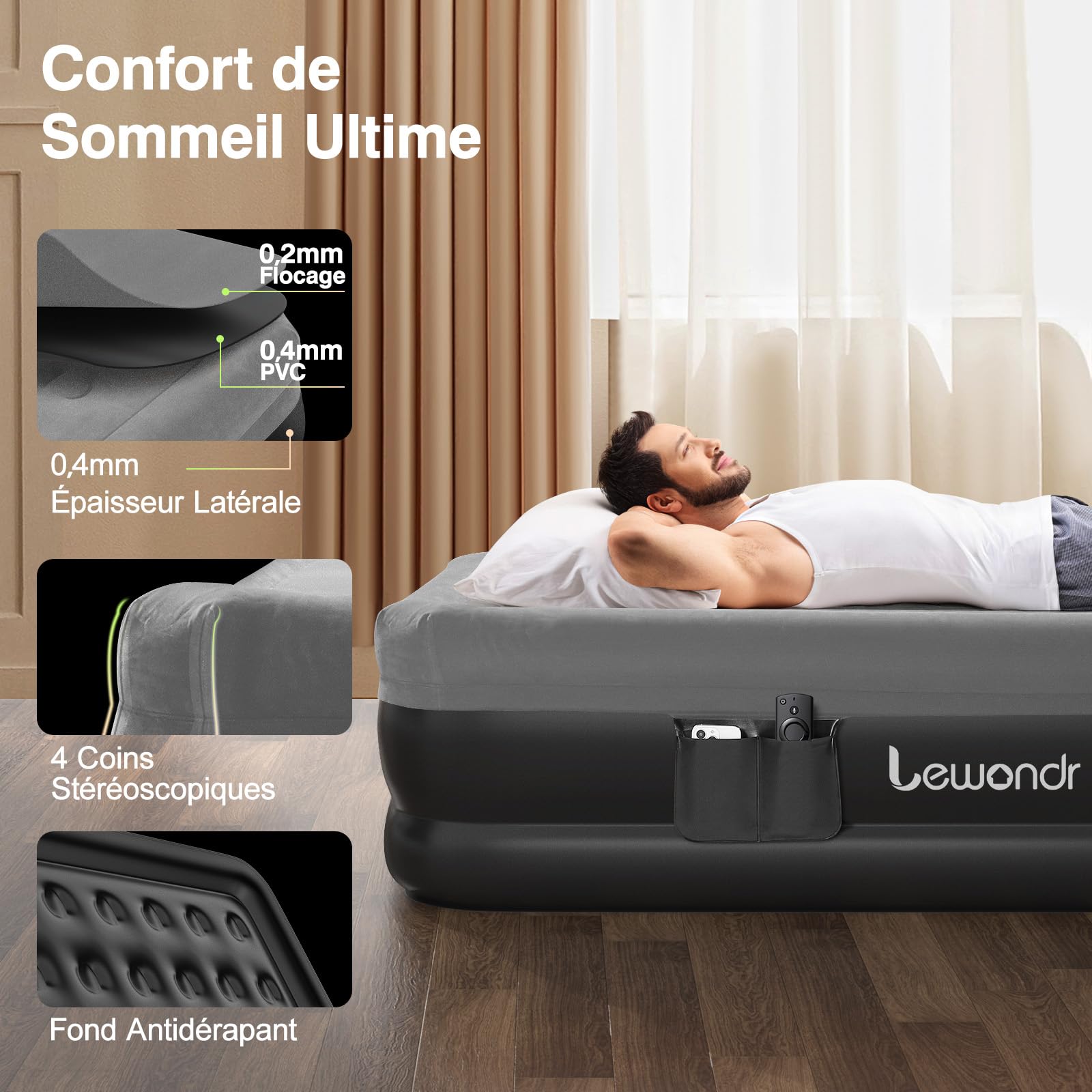 Lewondr Matelas Gonflable 2 Personnes, 203x152x46CM, Gris | Pompe Intégrée, Gonflage Rapide en 3 Minutes, Pour Camping Maison Invités Voyages, 300kg MAX