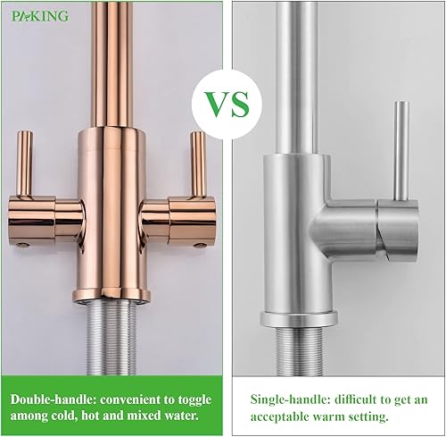 Miniatura 5 de Grifo de Cocina PAKING, Grifo de Fregadero de Dos Manijas con Pulverizador, Acero Inoxidable, Cobre Oro Rosa, PB1048