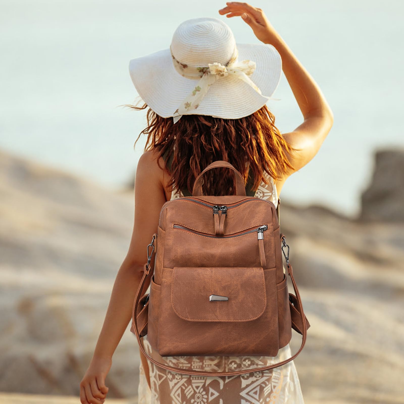 Sac a dos PU cuir femme, Sac à dos antivol femme elegant leger Deux en un décontractées, Multifonctions sac à dos femme chic pour Voyage et Travail