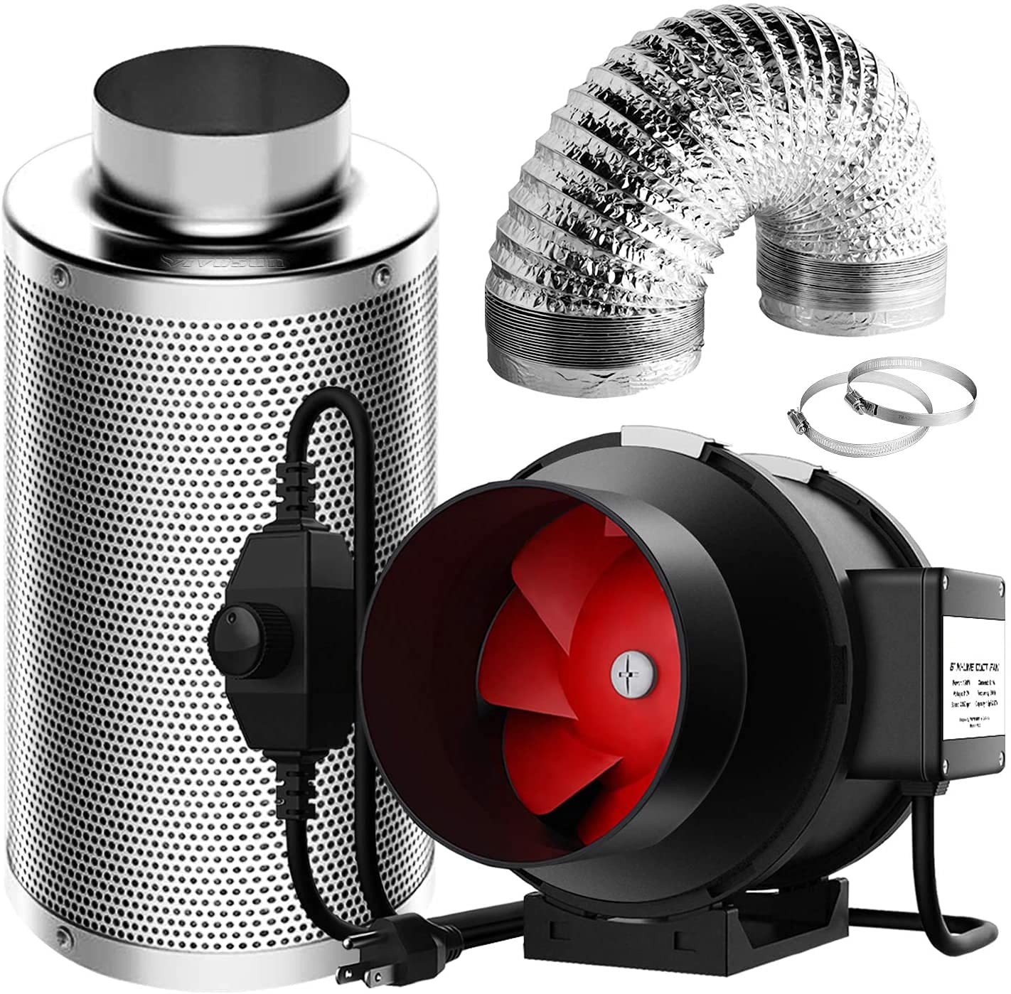 SunStreamVentilation Kit 6 Inch 390 CFM Inline Fan with Speed Controller, 6 Inch Carbon Filter and 16 Feet of Ducting for Grow Tent