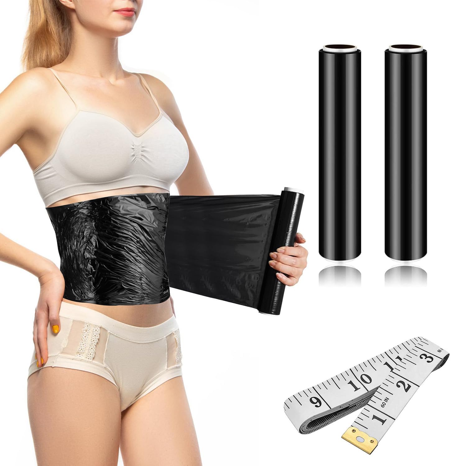 60 Meters Black Osmotic Plastic Body Slimming Wrap with Soft Tape Measure,Sweat Enhancer, Compression Stomach Wrap, Thermal Wrap Reduces Cellulite, Skin-friendly, Breathable(2 Rolls)