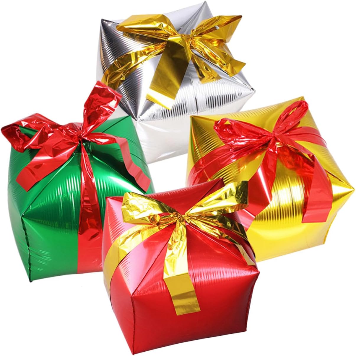 4pcs Square Present Box Foil Balloons Set, Christmas Party Decoration with Gold, Silver, Green, Red Colors, Includes Random Ribbon, Birthday Party Supplies, Holiday Random Color