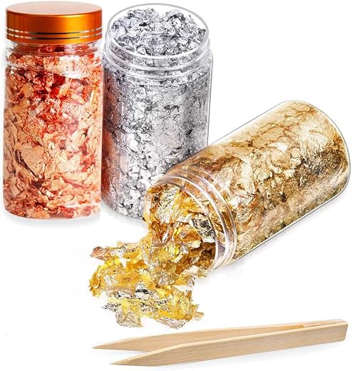 3 Bottles Metallic Foil Flakes,Gold Foil Flakes for Resin,Gilding Flakes with Tweezers for Painting Arts and Crafts,Nail Art