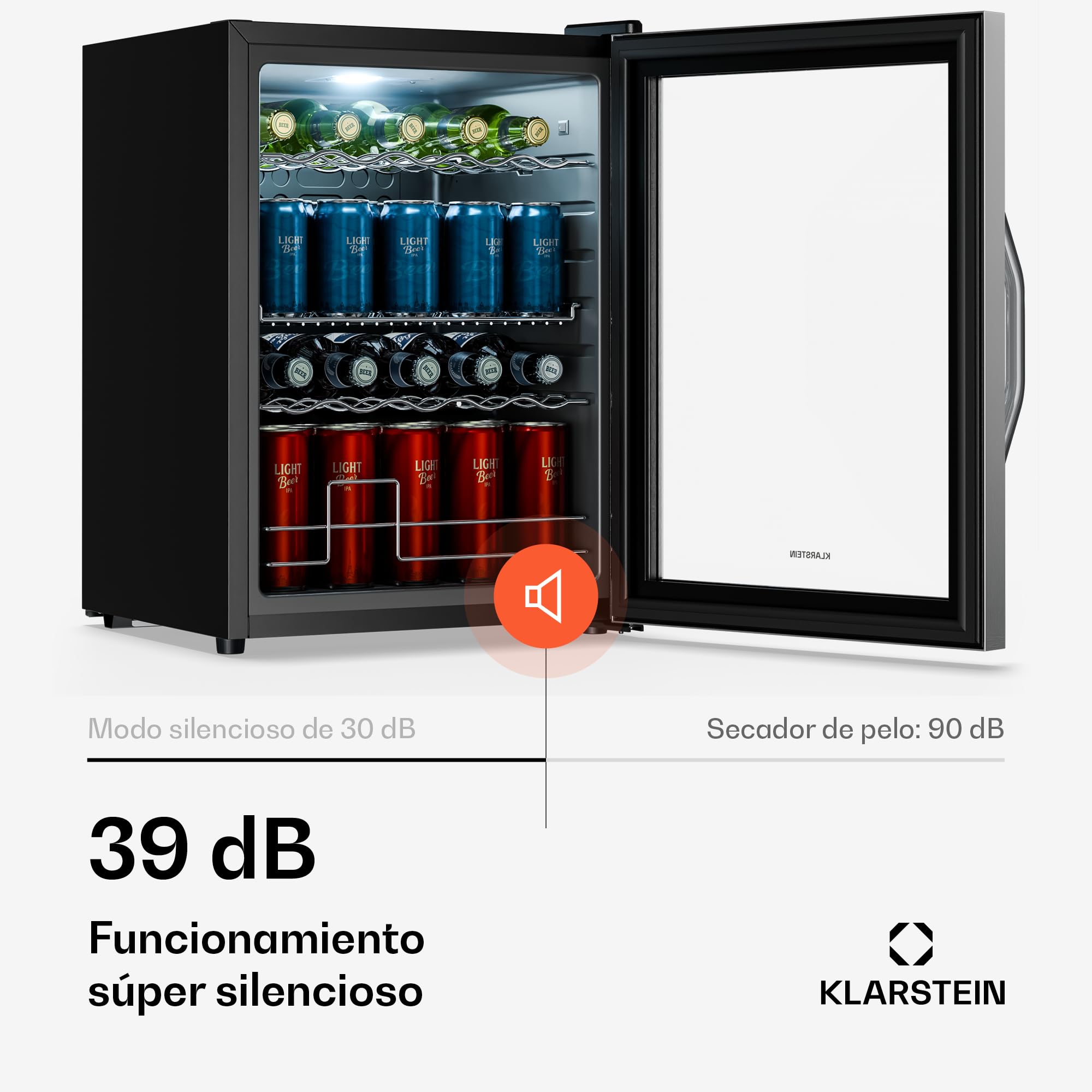 KLARSTEIN Beersafe 60 L Mini Nevera con Puerta de Cristal – Nevera para Bebidas, Plata | luz LED, estantes metálicos extraíbles, silenciosa, nevera para cerveza y bebidas, latas y botellas