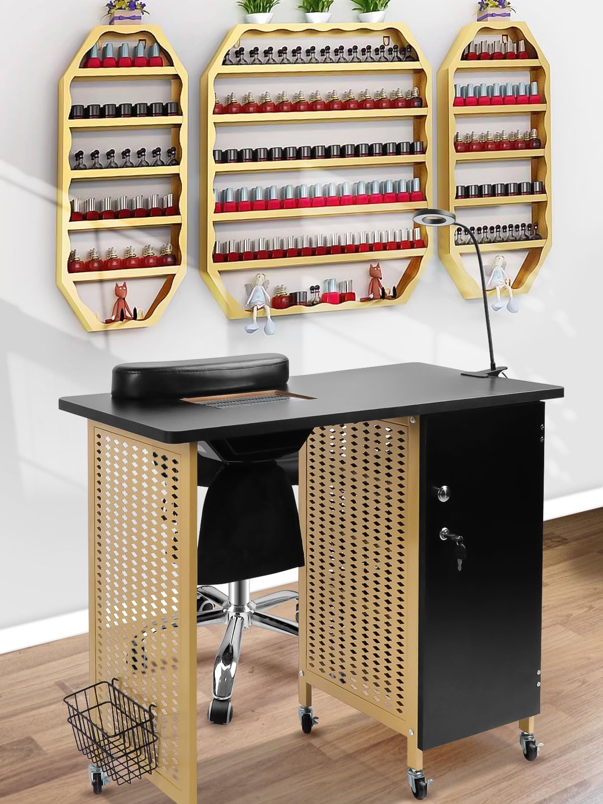 Kalolary Mesa de manicura Profesional Salón Estación de uñas móvil con colector de Polvo de uñas, 4 cajones, reposapiés de muñeca, Manicura de Belleza Estación de salón de SPA (Oro Negro)