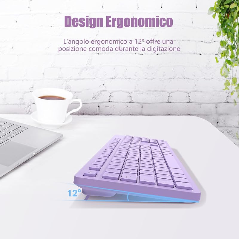 LeadsaiL Vezeték nélküli billentyűzet, teljes méretű QWERTY, ergonomikus USB 2,4 GHz, számpad, PC/Mac/Laptop - Lila