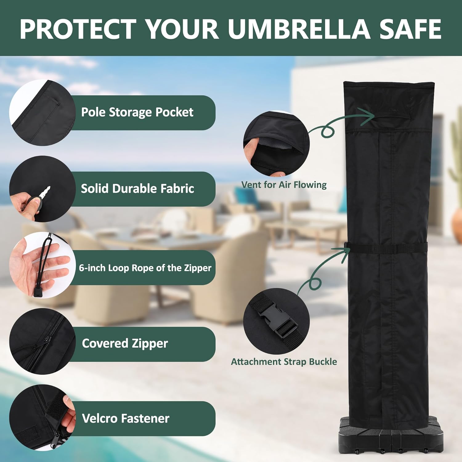 Rachmi Patio Cantilever Umbrella Cover for 9-13 Ft Umbrellas, High Quality Water-resistant UV & Fade Resistant Cover Fits Round / Square Outdoor Garden Offset Parasol with Zipper & Rod, Black - Image 6