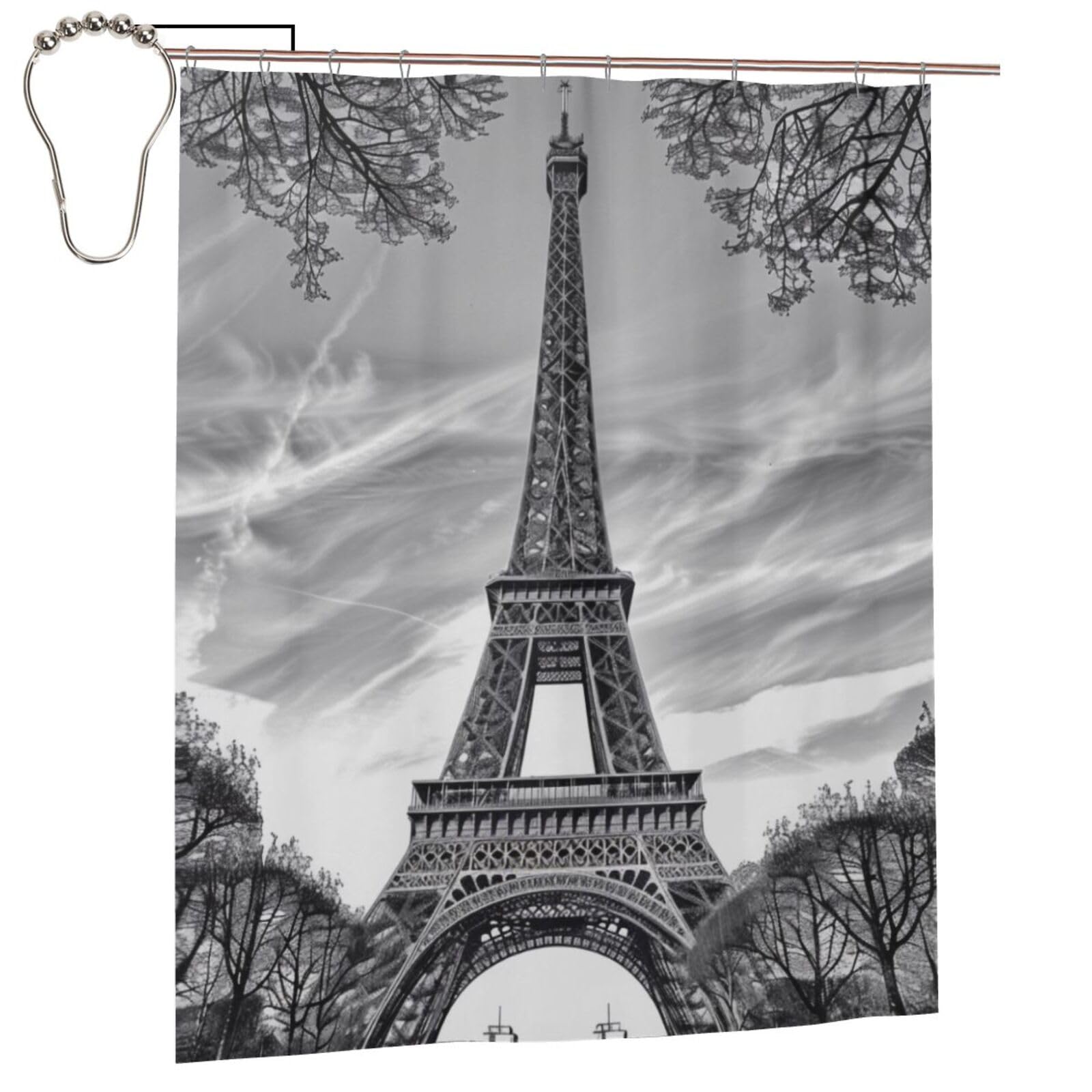 BWWHCCTI Eiffel Tower Pattern Printed Shower Curtain With 12 Iron Hooks Opaque Quick Drying Waterproof Shower Curtains Sets For Bathroom 152x183 Cm
