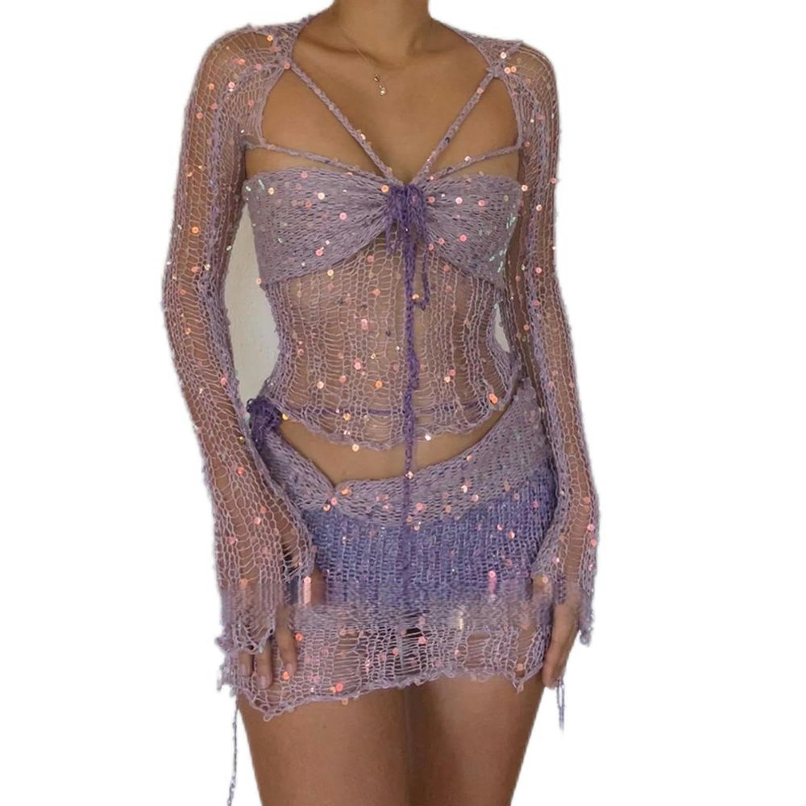 Vêtements européens et américains 2023 Nouveau Pull tricoté à Paillettes Costume Trois pièces-Rose-M