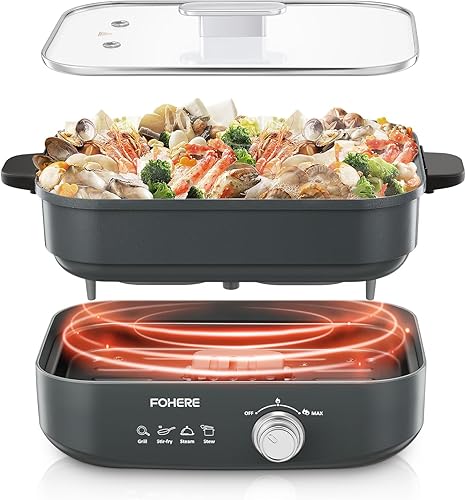 FOHERE Olla eléctrica de 4.8 cuartos de galón, olla eléctrica antiadherente de cerámica para cocinar, olla eléctrica Shabu Shabu Shabu de 1300 W con