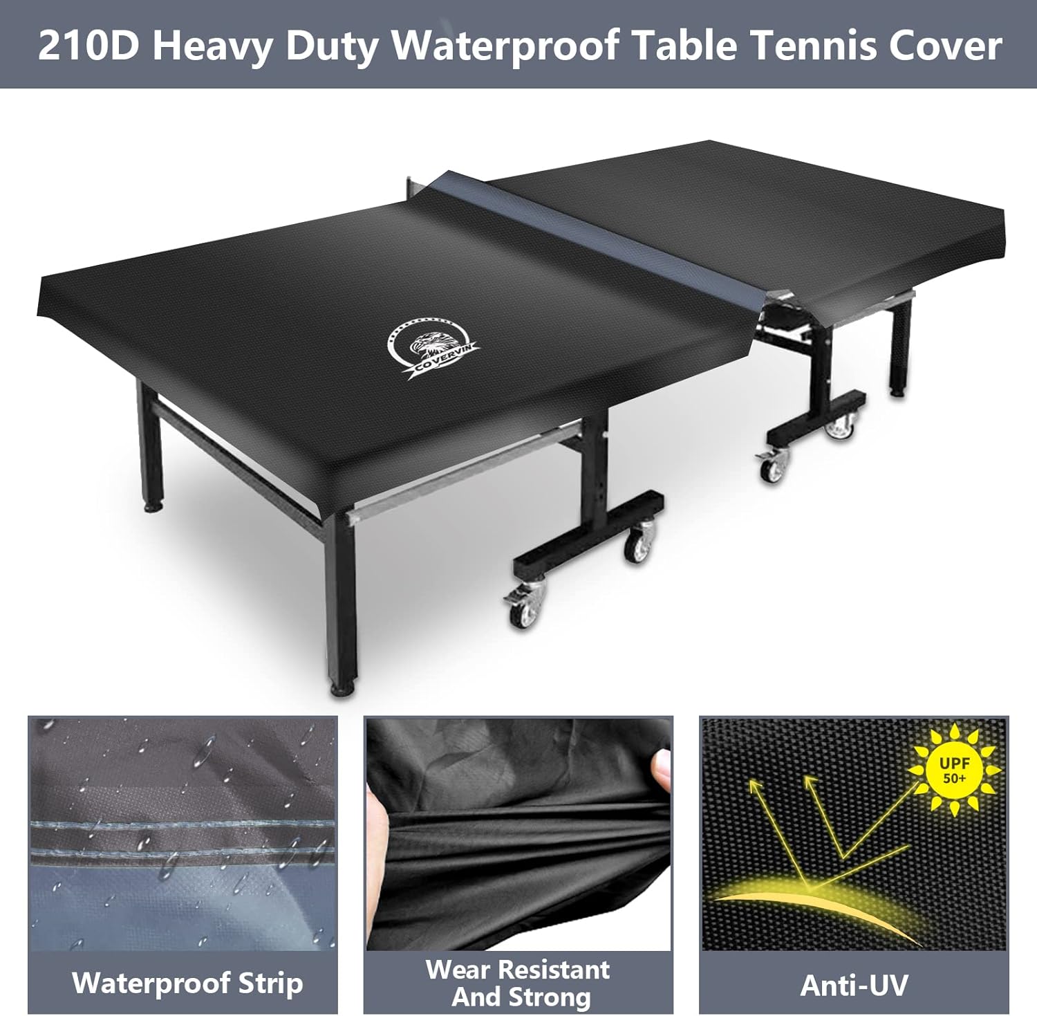 COVERVIN Ping Pong Table Cover,Table Tennis Cover Fits Both Folding Tables & Flat Tables All Weather Waterproof Dustproof UV Protection (Black and Grey)