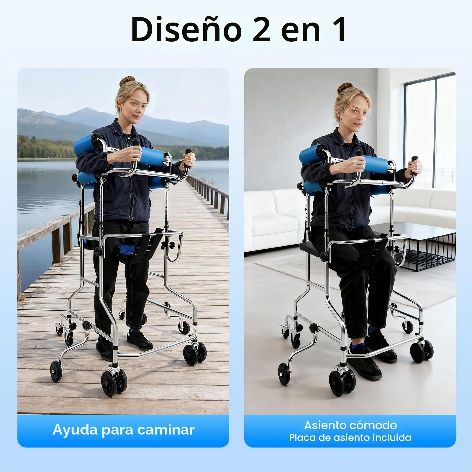 Andador para personas mayores, marco de rehabilitación hemiplejía con 10 niveles ajustables, altura de 5 niveles de ancho, andador para adultos, 8 ruedas con frenos, para personas de 150-180 cm