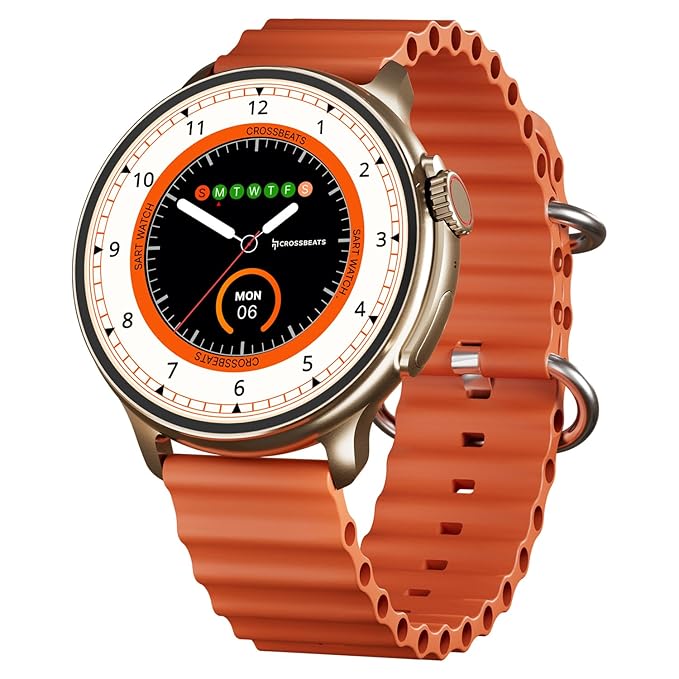 CrossBeats Aura Round 1.46″ Super AMOLED Smart Watch, Always On, Advanced AI ENC Bluetooth Calling, in-Built Games, Fast Charge, Rotating Crown, 123+ Sports Modes, 454 × 454 Pixel (Gold,Orange) at Rs. 2999