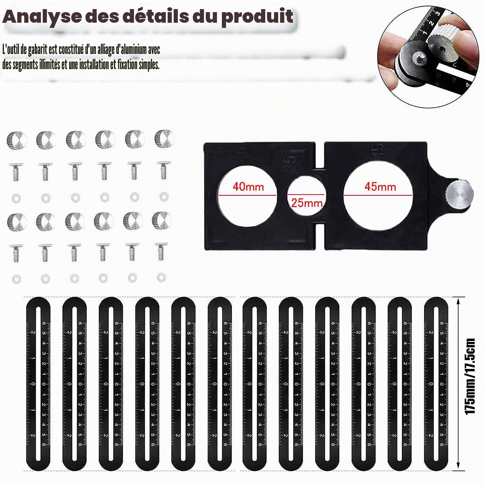 Outil de Template - Gabarit d'angle - Règle de mesure multi-angle - En alliage d'aluminium - 12 côtés - Outil de tuiles avec trou - Noir