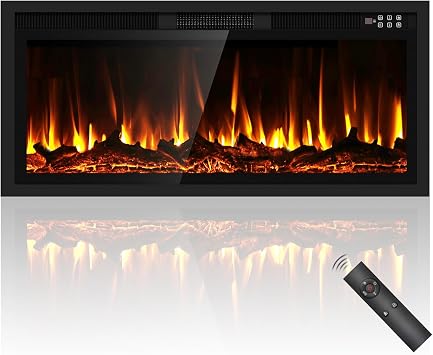 BREEZEHEAT Electric Fireplace 42" Log-Fireplace Inserts Narrow Bezel-ETL Certified,Recessed Wall Mounted,Fit for 2 x 4 and 2 x 6 Stud, Remote & Touch Control, 750W/1500W 400 Sq.Ft, Timer