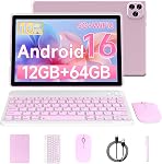 Tablet Android 16 10 Inch 12GB RAM+64GB ROM/ 1TB Expandable Tablet, 1280 * 800 HD Touch Screen, 5G WiFi6 BT 5.0, 2 in 1 Tablets with Keyboard Case Mouse Stylus (Pink)