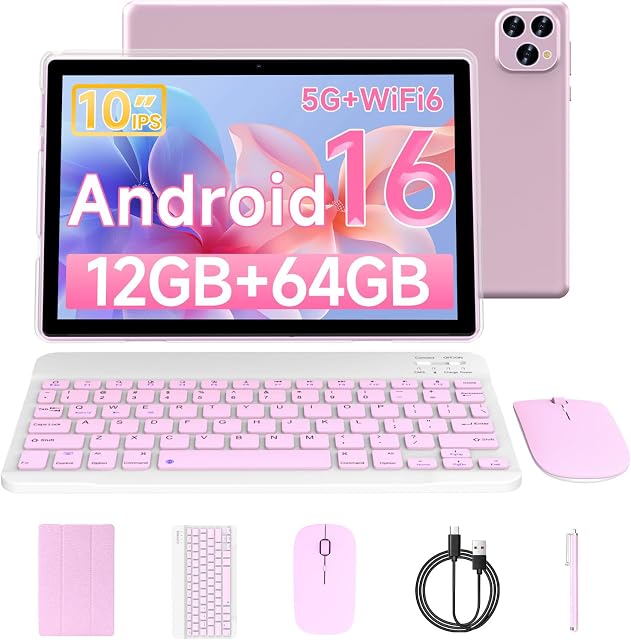 Tablet Android 16 10 Inch 12GB RAM+64GB ROM/ 1TB Expandable Tablet, 1280 * 800 HD Touch Screen, 5G WiFi6 BT 5.0, 2 in 1 Tablets with Keyboard Case Mouse Stylus (Pink)