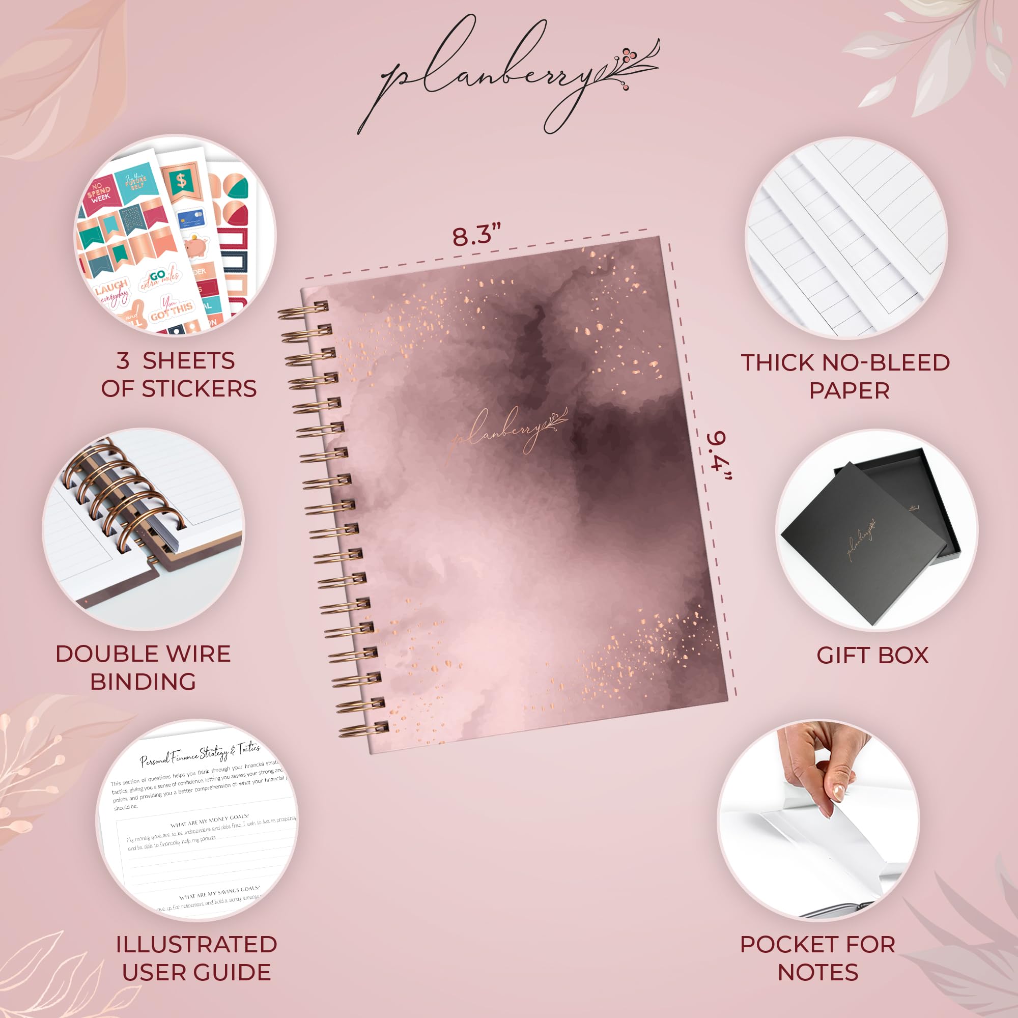 PLANBERRY Grande pianificatore di bilancio e organizzatore mensile per banconote con tasche, libro di budget, tracker finanze e spese, 20,3 x 23,4 cm (oro rosa)