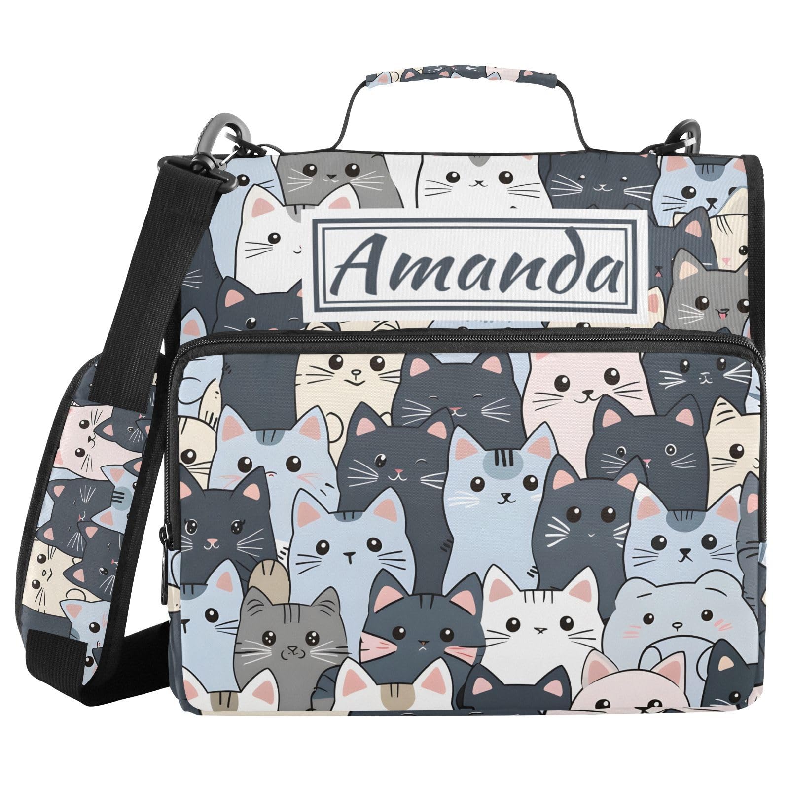 Custom 3 Ring Zipper Binder Cat Cute Blue Personalized Name 1.5 inch Binders Large Capacity Multi Pockets for School Office Supplies