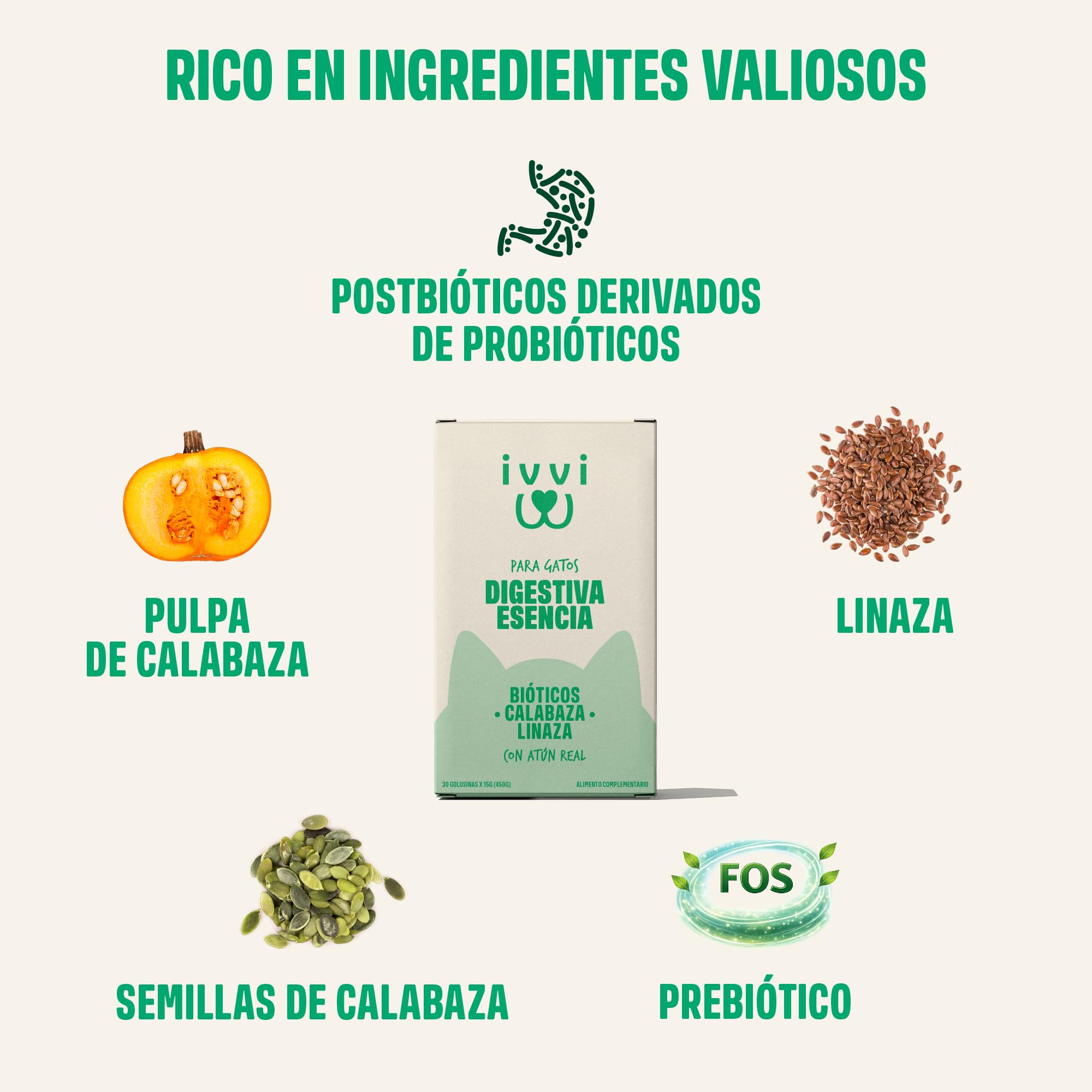 ivvi Esencia Digestiva para Gatos – 30 Snacks Cremosos con Atún, Calabaza, Linaza y Postbiótico derivado de Probióticos – Digestión, Flora Intestinal y Bienestar – 450 g