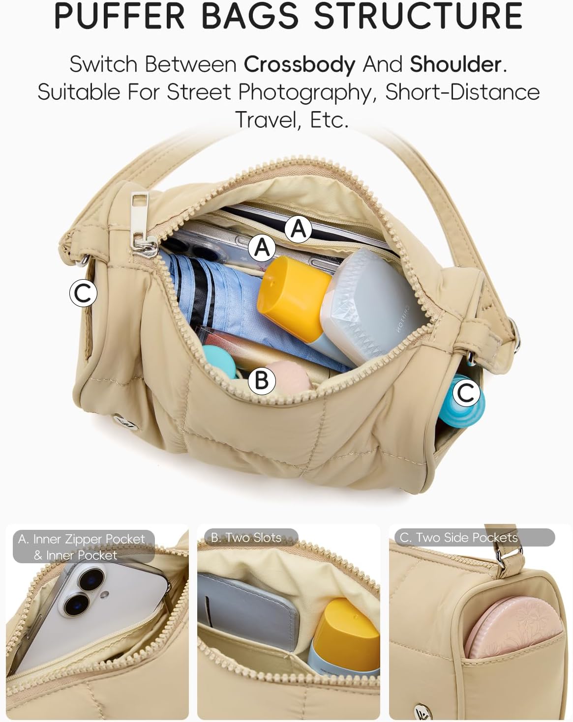 WESTBRONCO Small Puffer Crossbody Bags for Women Mini Barrel Bag Cute Bucket Bag with 2 Side Pocket Nylon - Image 3