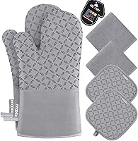 Vista 22 de KEGOUU Juego de 6 manoplas para horno y soportes para ollas, guantes para horno de cocina, resistentes al calor, 500 grados, extra largos