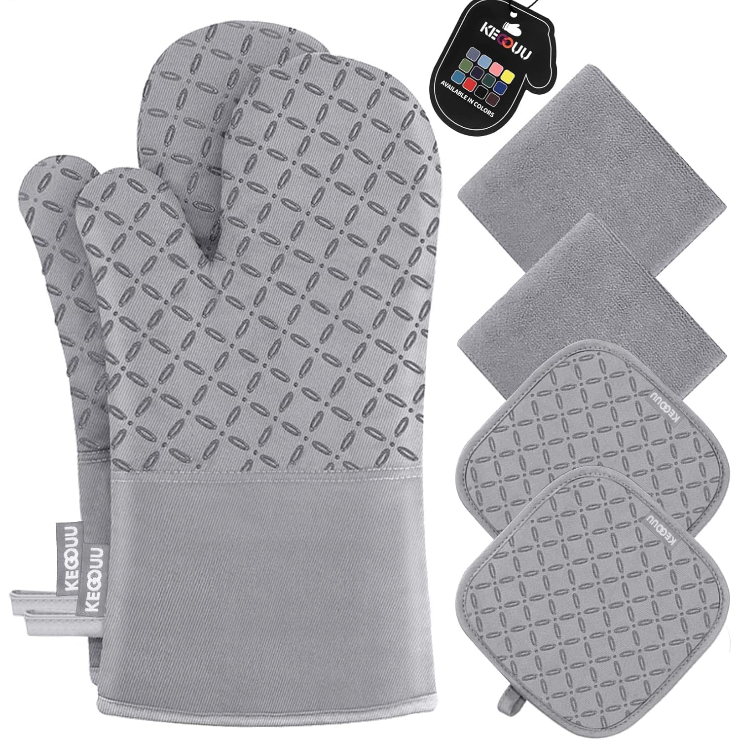 KEGOUU Juego de 6 manoplas de horno y soportes para ollas, guantes de cocina de alta resistencia al calor, guantes de horno extralargos de 500 grados y agarradera con superficie de silicona