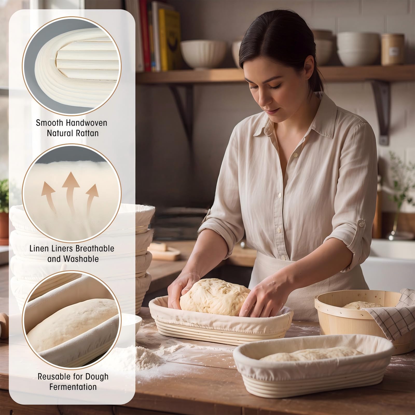 Vesici Baguette-Banneton-Gärkörbe, 35,6 cm, 6 Stück, mit Leineneinsatz, Baguette-Banneton, Brotbackkörbe, Rattan-Teiggärkörbe für Zuhause, Backzubehör, Backgeschenke