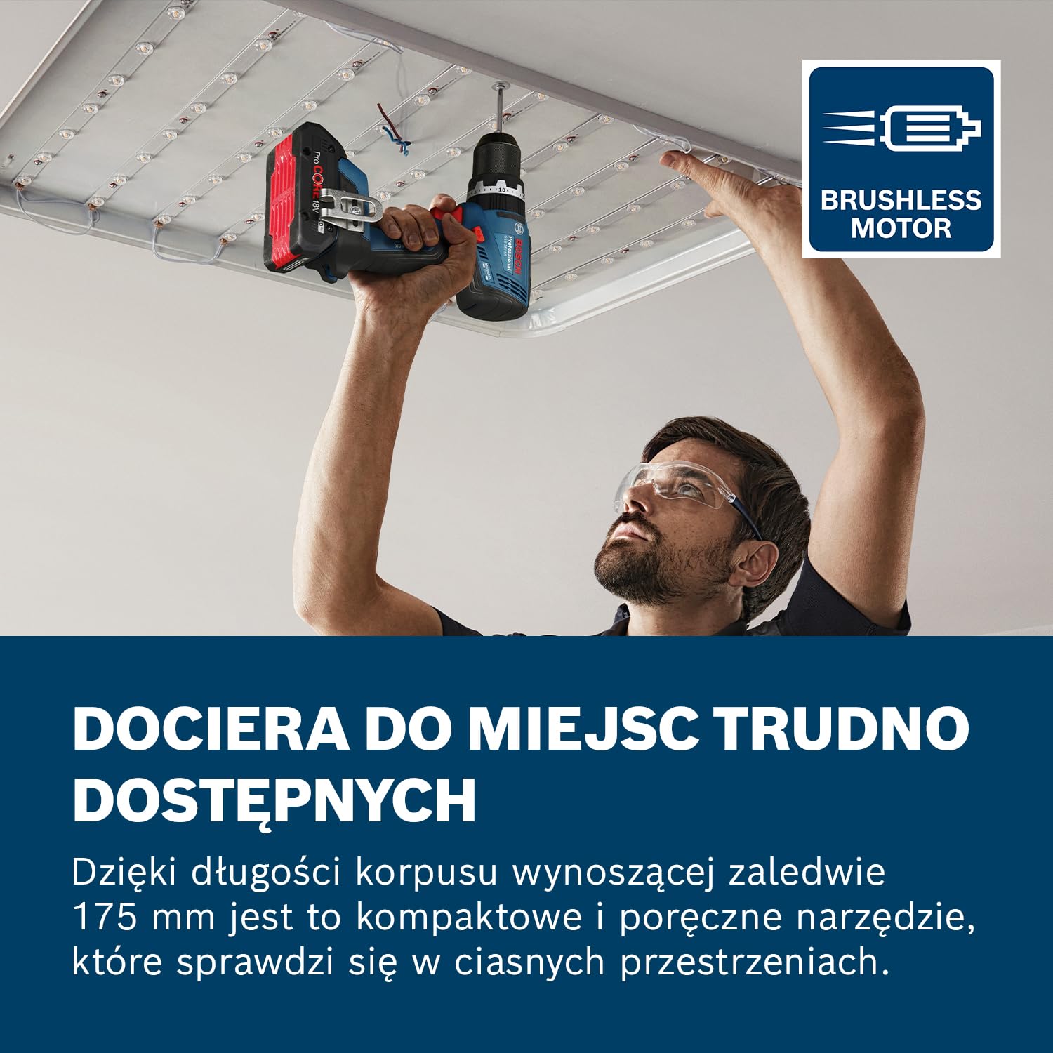 Bosch Professional 18 V firmy Bosch: wiertarko-wkrętarka akumulatorowa GSB 18V-65 silnik bezszczotkowy, długość korpusu 175 mm, 2x GBA 4.0Ah, 82-cz. zestaw osprzętu, walizka L-Case