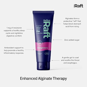 RefluxRaft Acid Reflux Alginate Therapy, Midnight Berry, 10 oz Tube, 2 Pack | 1mg melatonin, GERD, LPR & nighttime reflux support, acid barrier, sugar-free, low sodium, doctor-founded, 120 servings