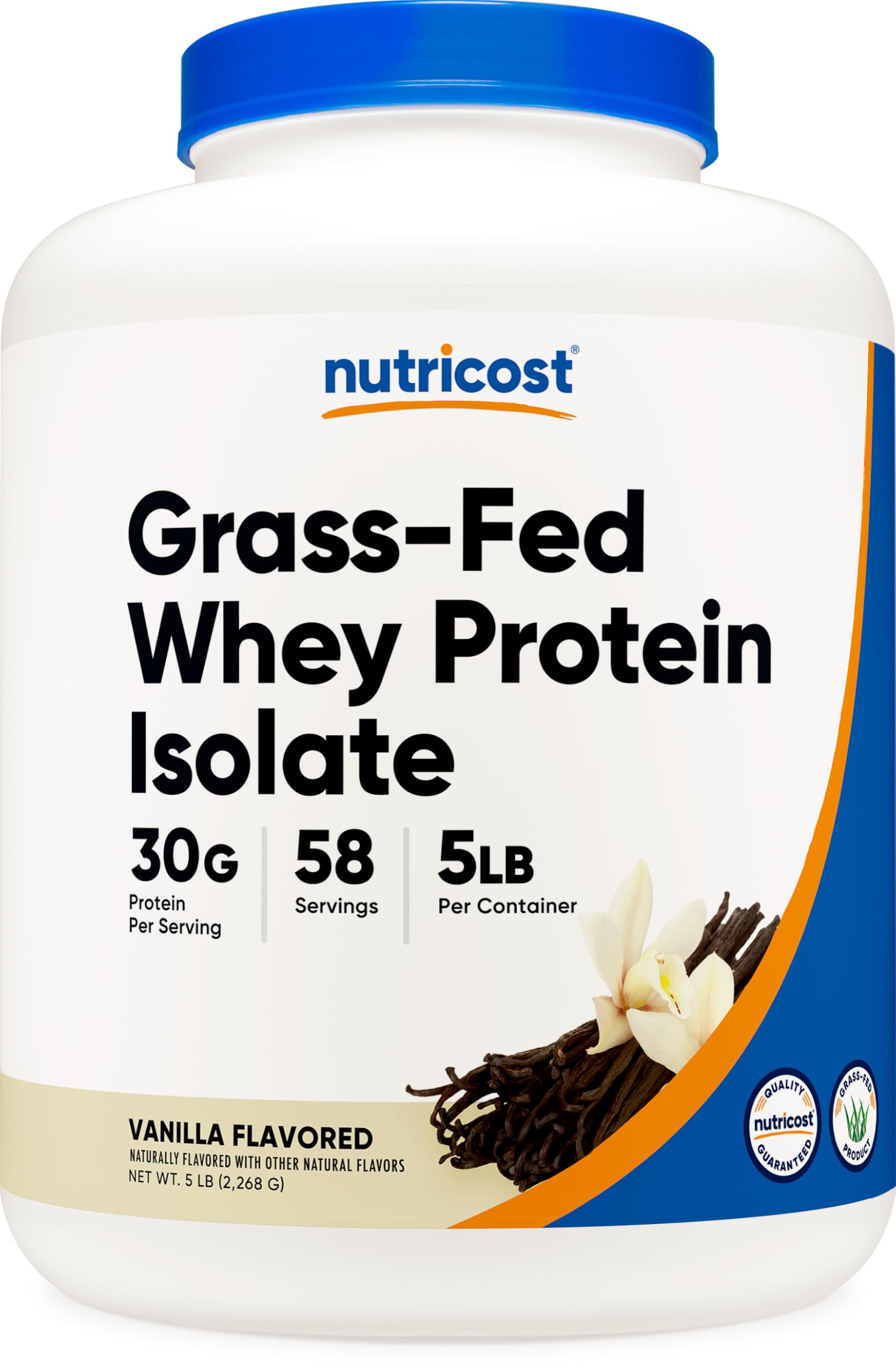 Nutricost Grass-Fed Whey Protein Isolate (Vanilla) 5LBS - Non-GMO, Gluten Free, Natural Flavors Vanilla 5 Pound (Pack of 1)