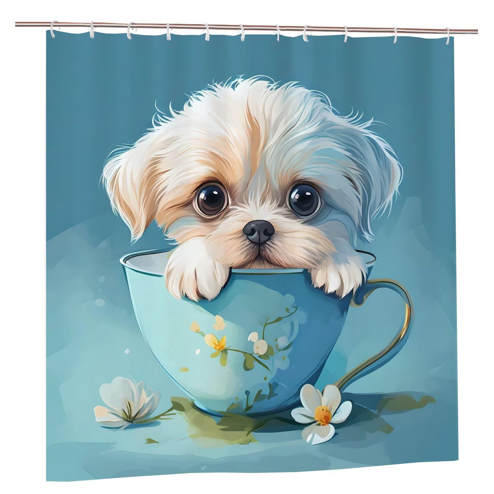 Duschvorhang 180 x 240 cm - Tee Tasse Hund, Shower Curtains mit 12 Duschringen, Schimmelresistent und Wasserabweisend, Duschvorhänge Polyester Stoff Waschbar Badezimmervorhang für Dusche Bad v-101