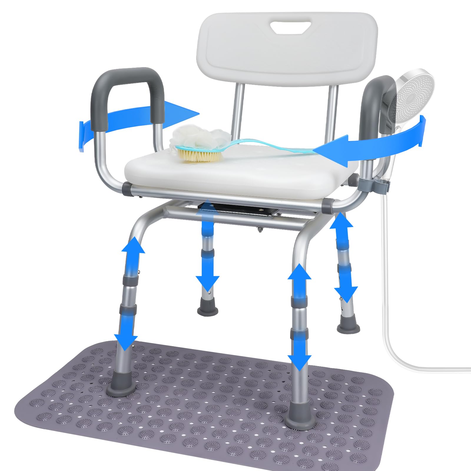 LUNYEE 360° Swivel Shower Chair for Elderly and Disabled Support 400lbs Non-Slip Sliding Shower Chair for Inside Shower with Bath Rug & Back Scrubber Bath Chairs for Seniors Tub with Arms and Back