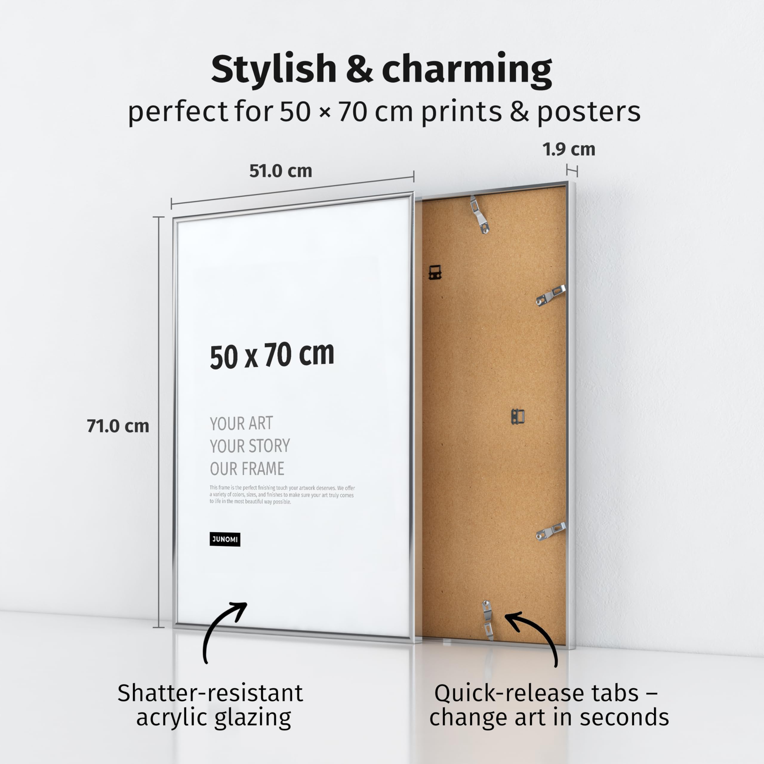 JUNOMI® Picture Frame 50 × 70 cm, Silver Glossy Aluminium, Slim Profile, Shatterproof Acrylic Glass - Image 3