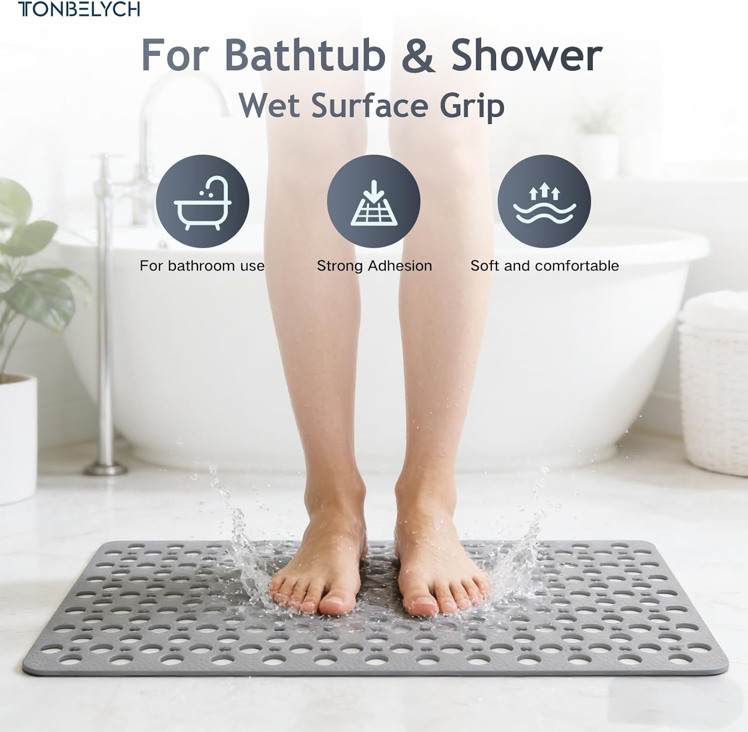 Non Slip Bath Mat for Shower & Bathtub - 30x17 Inch with Strong Suction Cups and Drain Holes, Quick-Dry, Machine Washable Floor Mat for Elderly, Kids & Pets