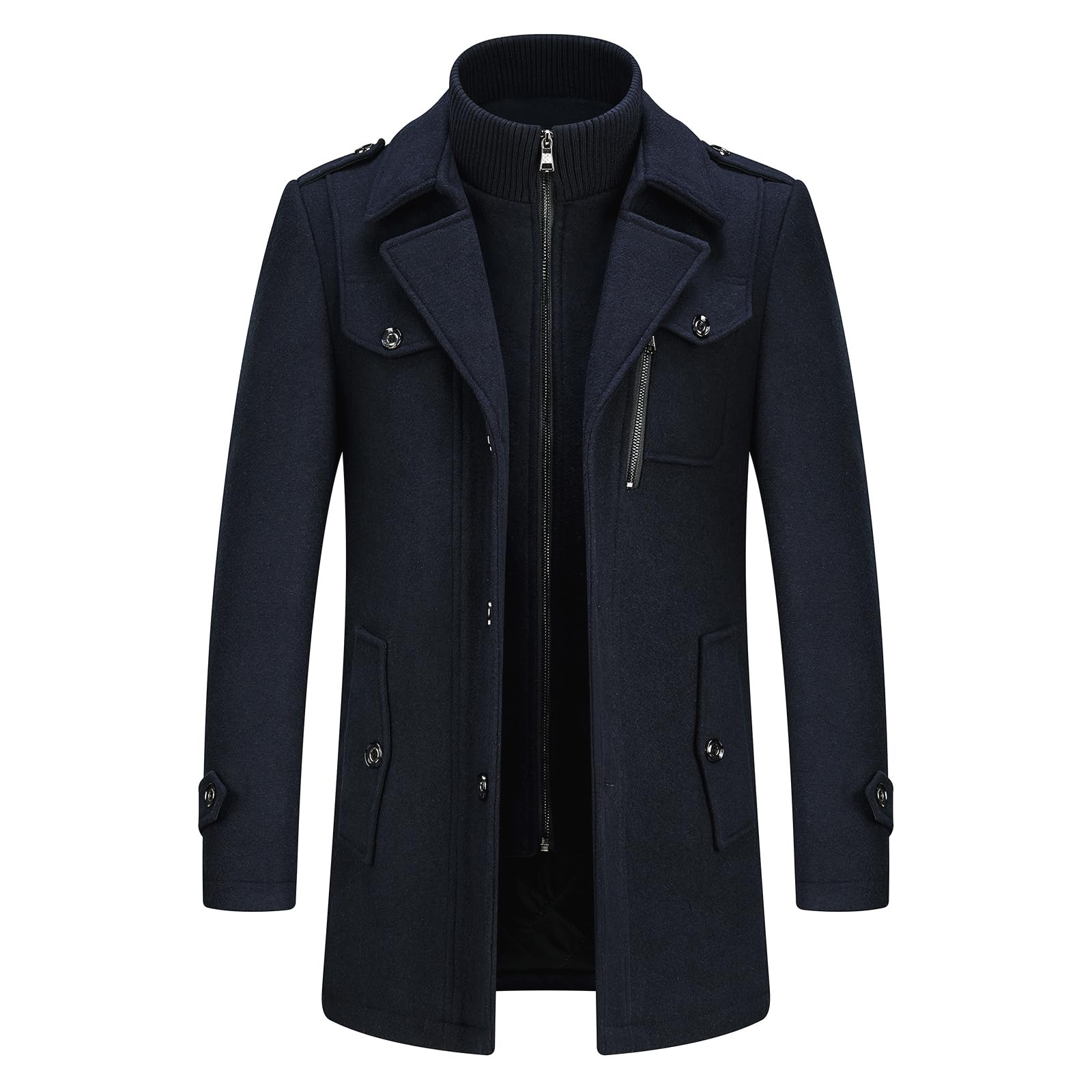 KUDOROMens Wool Coats Short Winter Padded Trench Coat for Casual Business Outwear Thick Wool Blend Peacoat with Removable Inner Collar