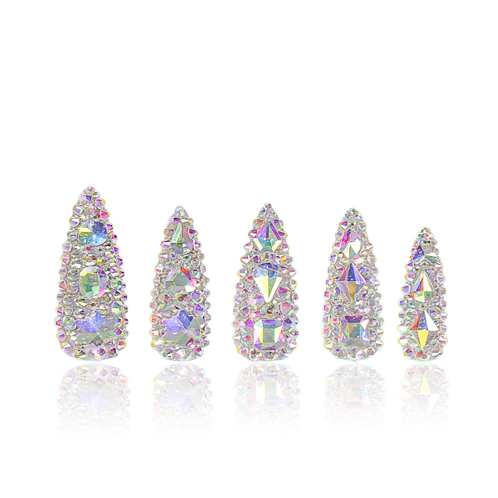 LOVFUL Press on Nails Eternal Stunning Rhinestone Round | Handmade with Full Covered Crystals | Reusable Fake Nails | Stiletto Classic Regular 1.3 in | H46-M