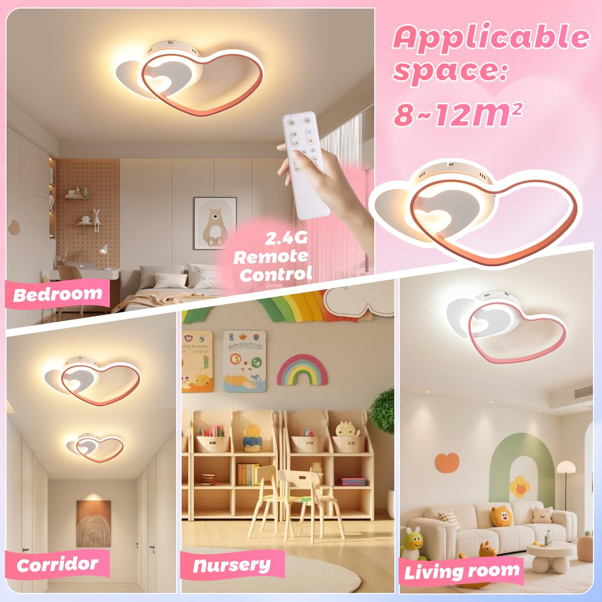 LED Deckenleuchte Moderne Herz Kinderlampe Deckenlampe 36W Dimmbar Mit Fernbedienung Jungen Mädchen Deckenlicht Cartoon Kinder Deckenlicht Schlafzimmer Dekor Lamp Rosa 48CM