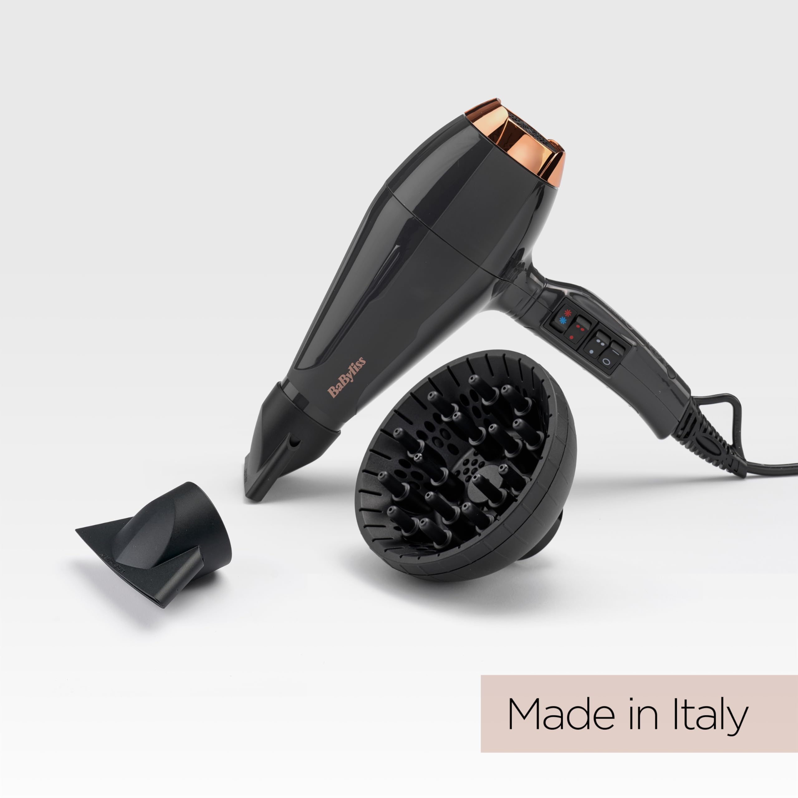 BaByliss Asciugacapelli MADE IN ITALY Air Pro, Motore AC Phon Capelli Professionale, 2200W, Diffusore Capelli Ricci, funzione anti-crespo, 2 velocità - 2 impostazioni di calore, nero, 6719DE