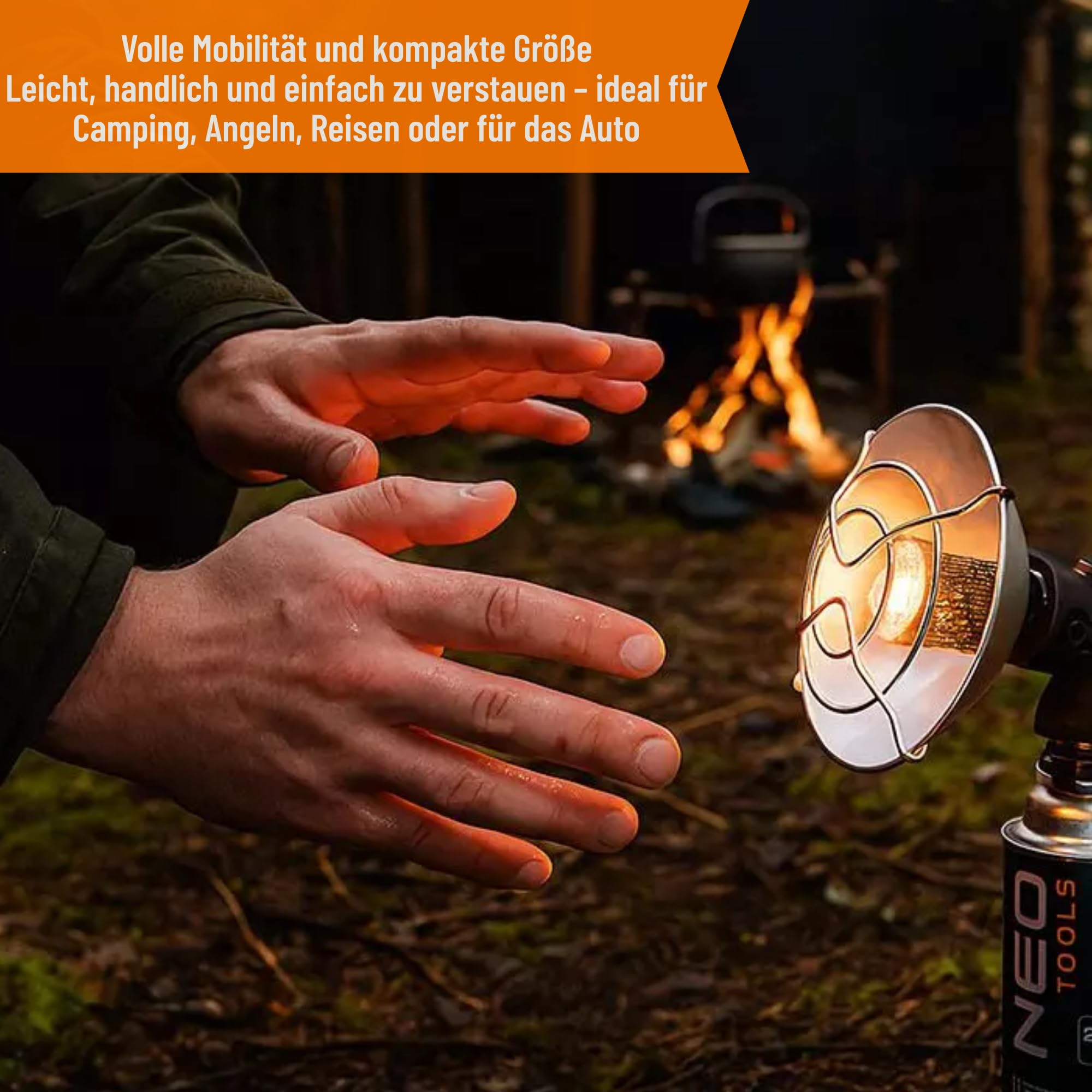 NEO TOOLS Riscaldamento a gas portatile – Riscaldamento da campeggio, perfetta fonte di calore senza corrente, riscaldamento a gas per esterni, terrazze, riscaldatore mobile con accensione